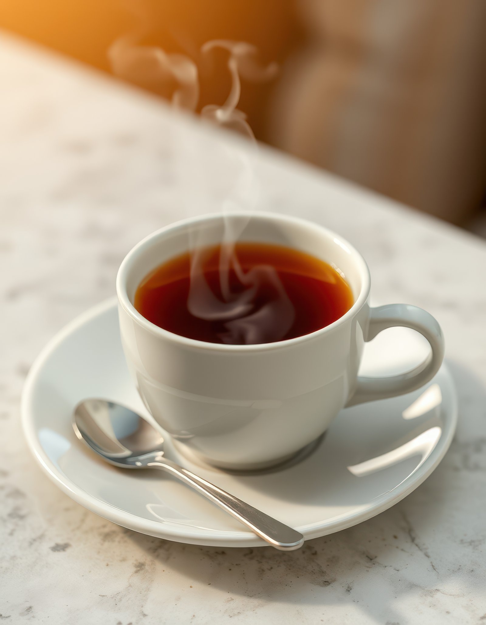 Warm cup of freshly brewed tea on a marble table with steam rising in the early morning light